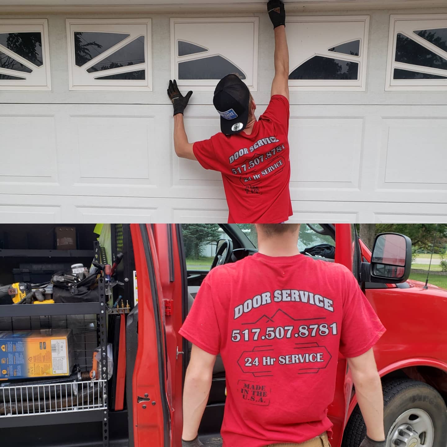 A person in a red Door Service shirt repairs a garage door and stands by a red service van with tools and parts organized inside.
