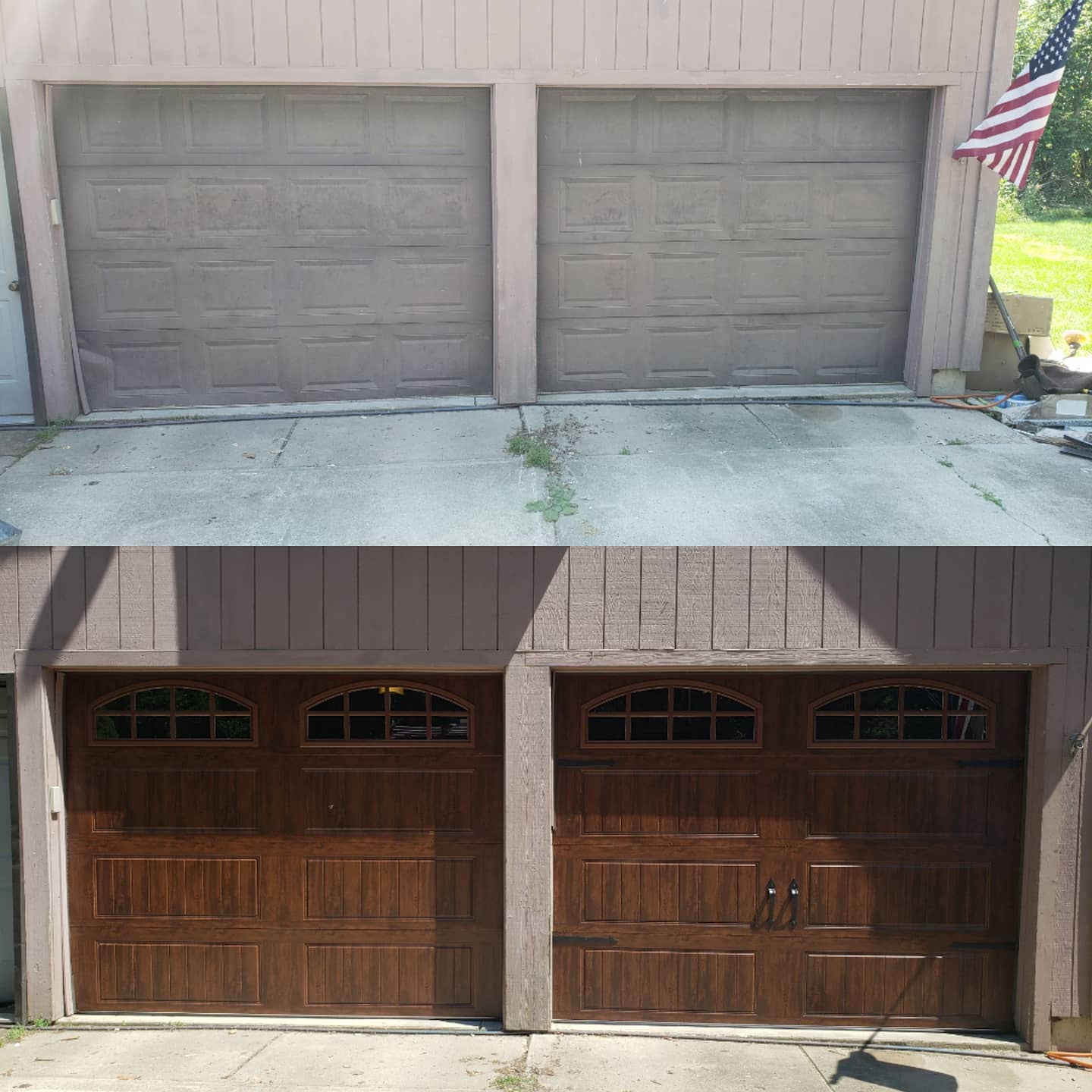 Side-by-side comparison of double garage doors before and after renovation; the old doors are plain and faded, the new doors are darker with decorative handles and windows.